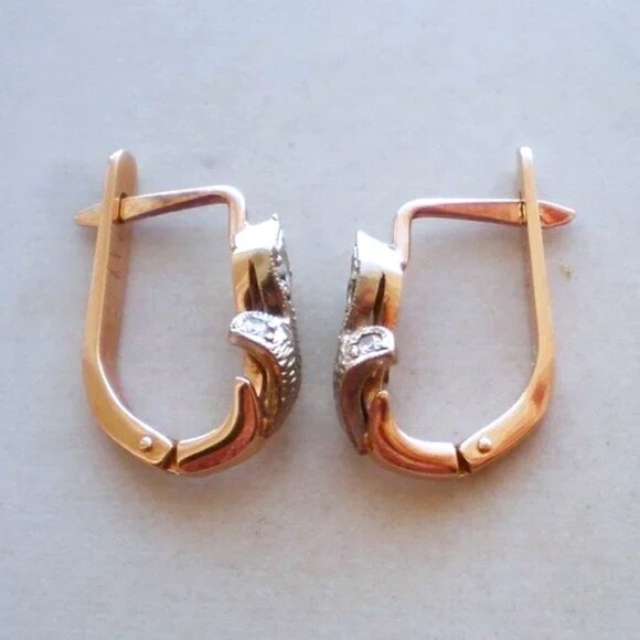 Vintage Original Soviet USSR Solid 14K 583 Rose Pink White Gold Diamond Earrings - Picture 2 of 7